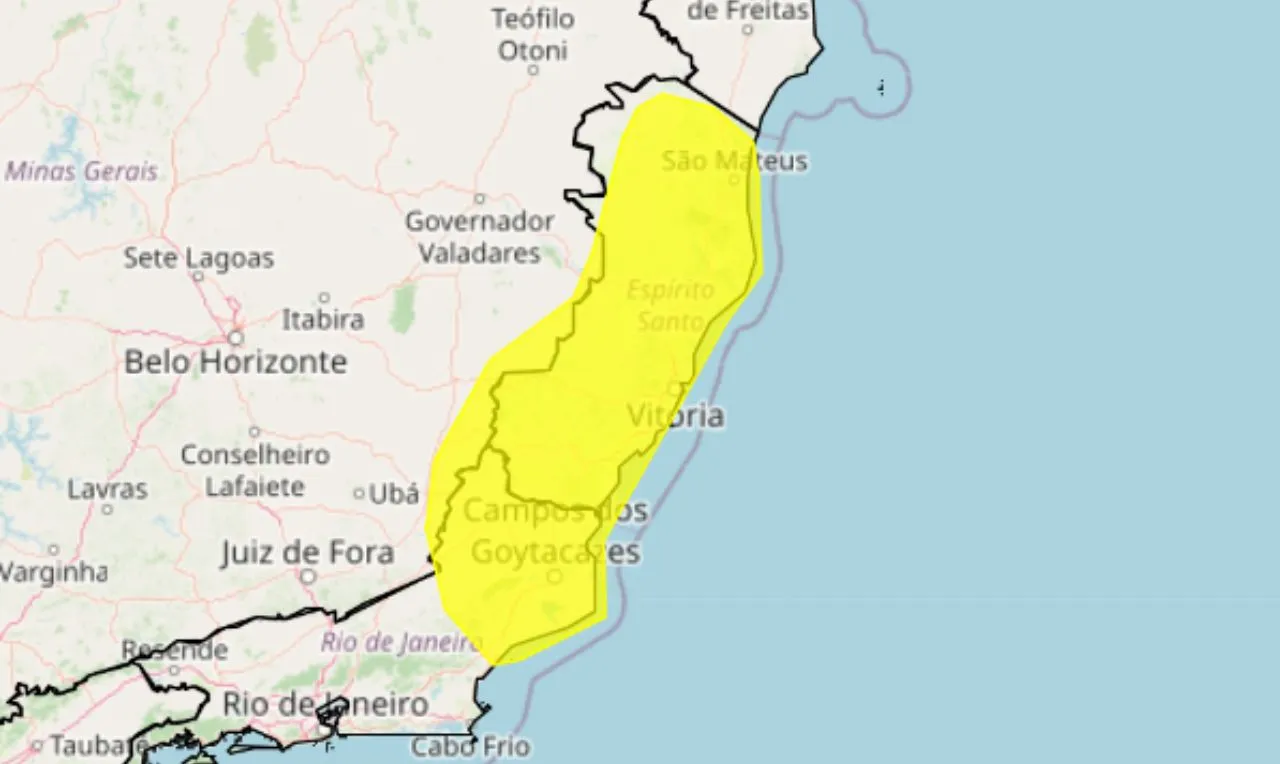 o mapa mostra as áreas em alerta para tempestade